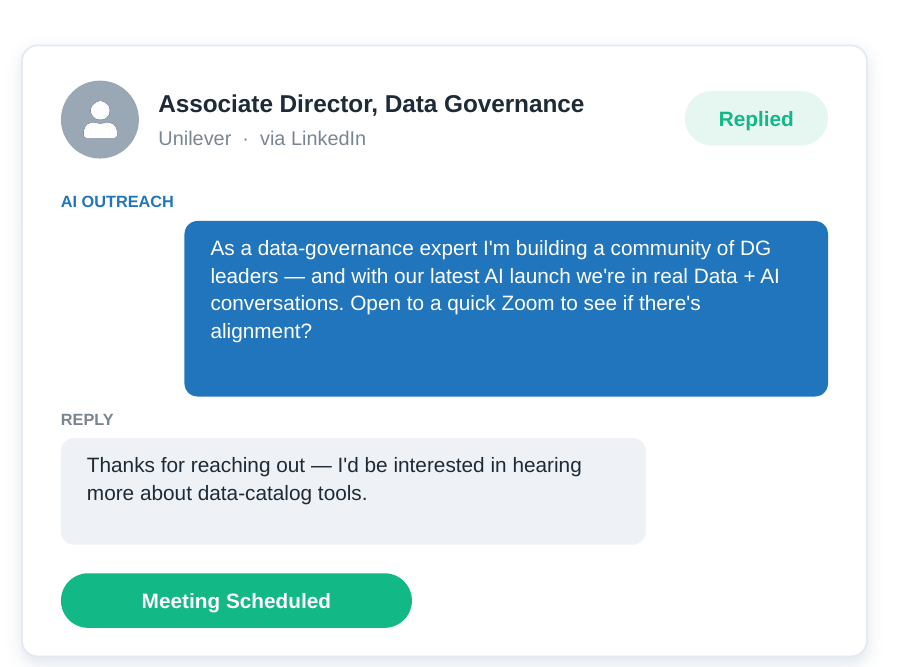 LinkedIn thread: peer-to-peer AI outreach to an Associate Director, Data Governance at Unilever — meeting scheduled